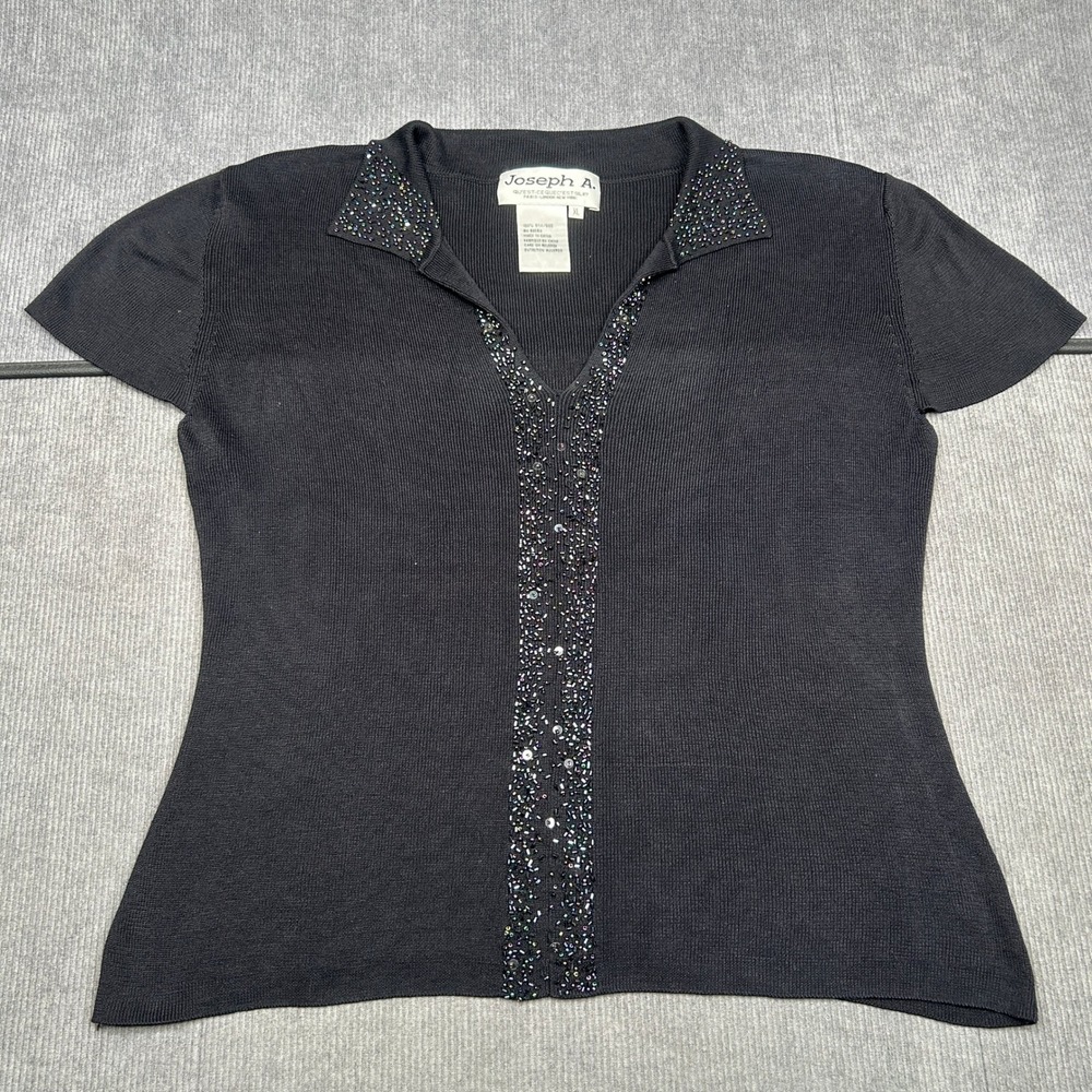 Joseph A. Silk Knit Top Black Beaded Sequin V-Neck Short Sleeve XL Y2k